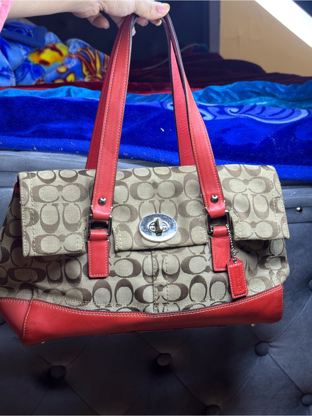 Coach Beige Signature Canvas Satchel with Red Leather Trim